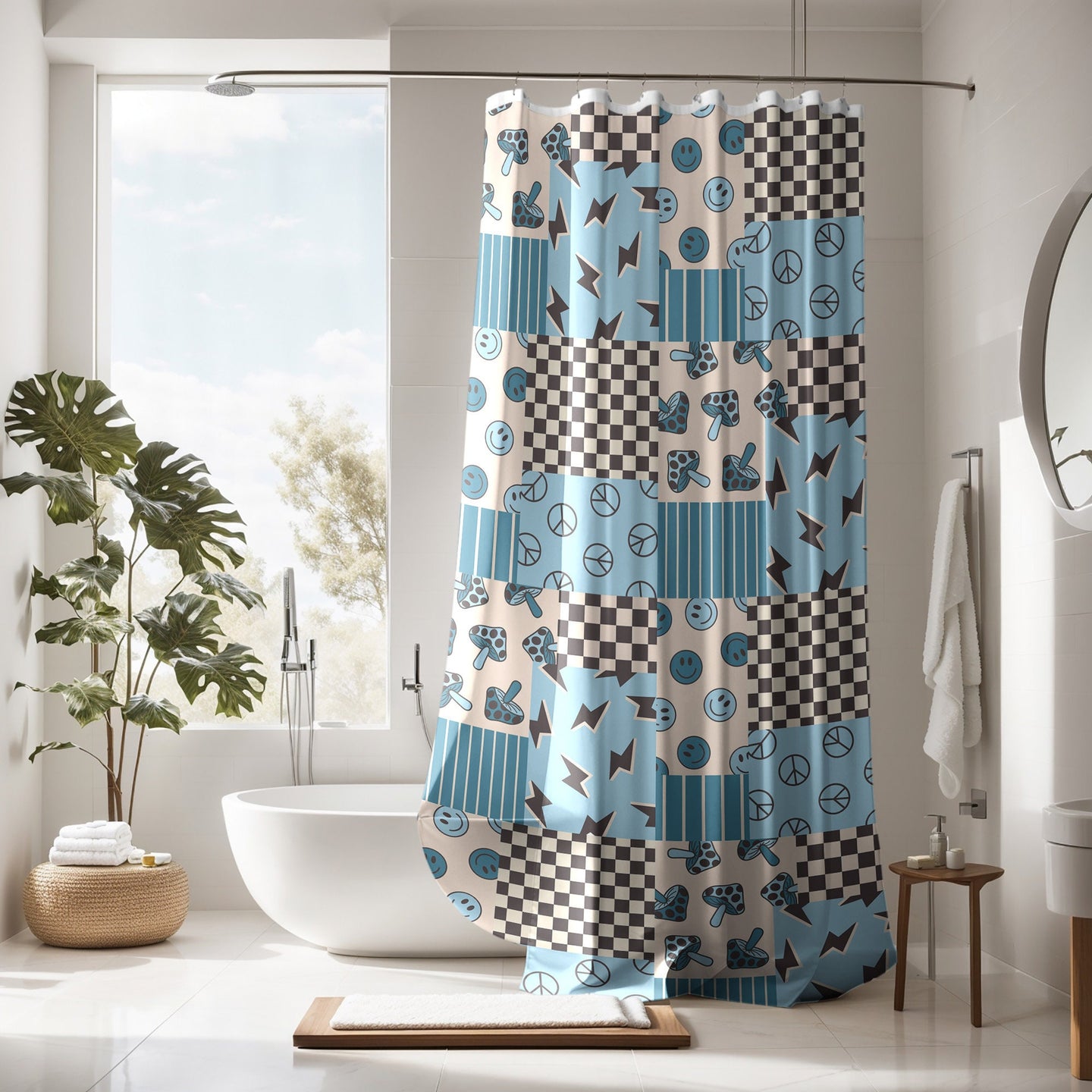 Shower Curtain Personalized boys patchwork, kids shower curtain retro, shower curtain boho, custom shower curtain, vintage shower curtain